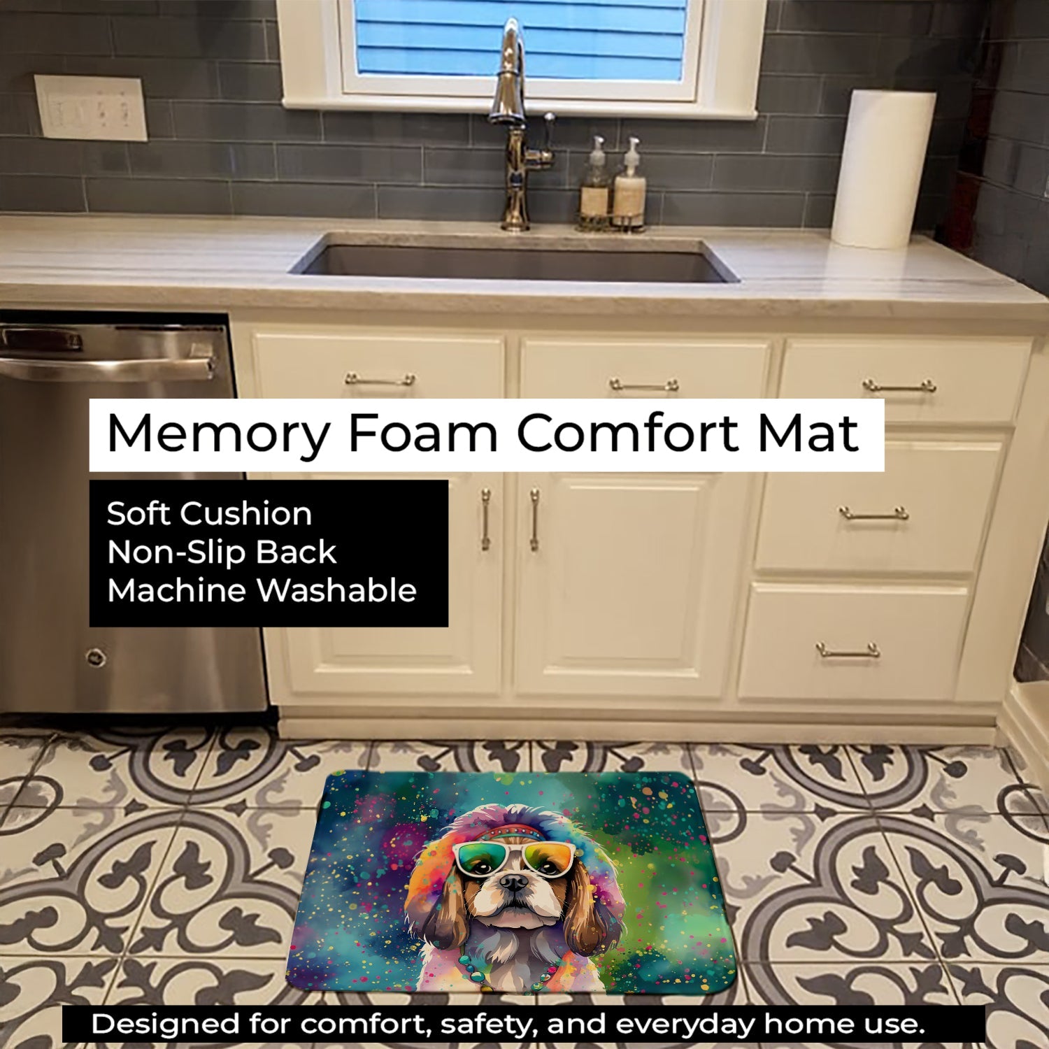Shih Tzu Hippie Dawg Memory Foam Kitchen Mat Machine Washable Anti-Fatigue Cushion Comfort Bath or Kitchen Rug