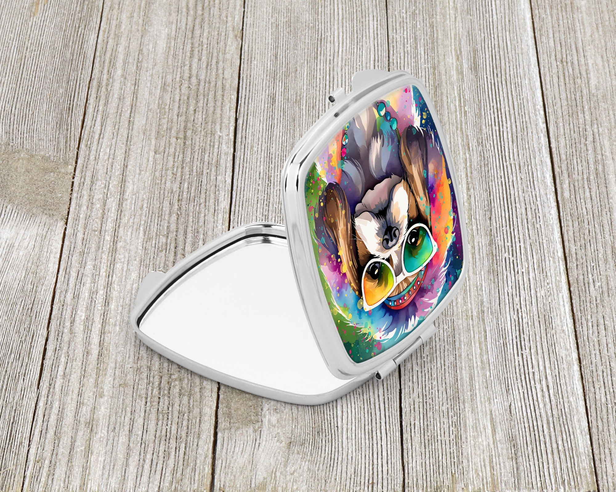 Shih Tzu Hippie Dawg Compact Mirror Decorative Travel Makeup Mirror for Women Girls Gifts Pocket Makeup Mirror Folding Handheld