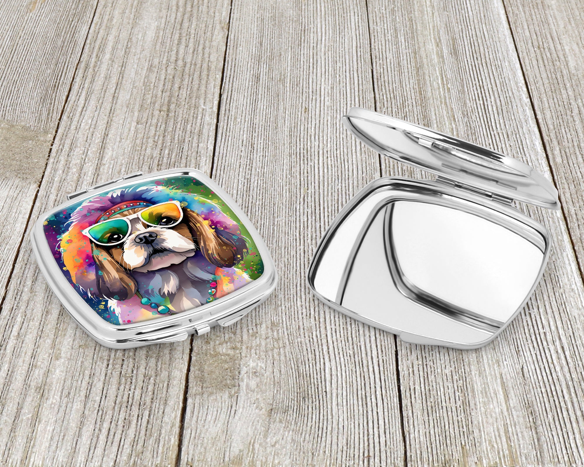 Shih Tzu Hippie Dawg Compact Mirror Decorative Travel Makeup Mirror for Women Girls Gifts Pocket Makeup Mirror Folding Handheld