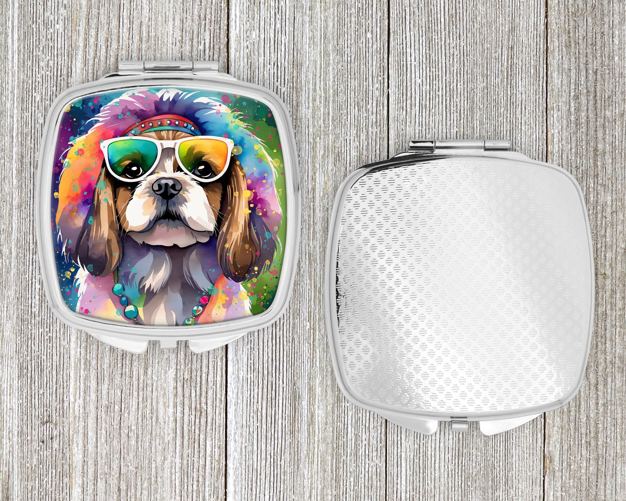 Shih Tzu Hippie Dawg Compact Mirror Decorative Travel Makeup Mirror for Women Girls Gifts Pocket Makeup Mirror Folding Handheld