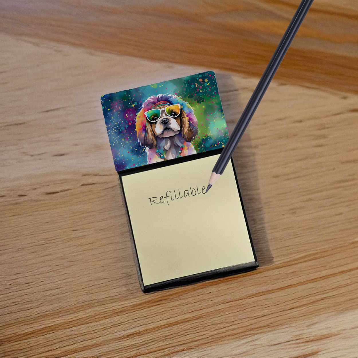 Shih Tzu Hippie Dawg Watercolor Sticky Note Holder Refillable Dispenser Desk Accessory 3x3 Pad Gift