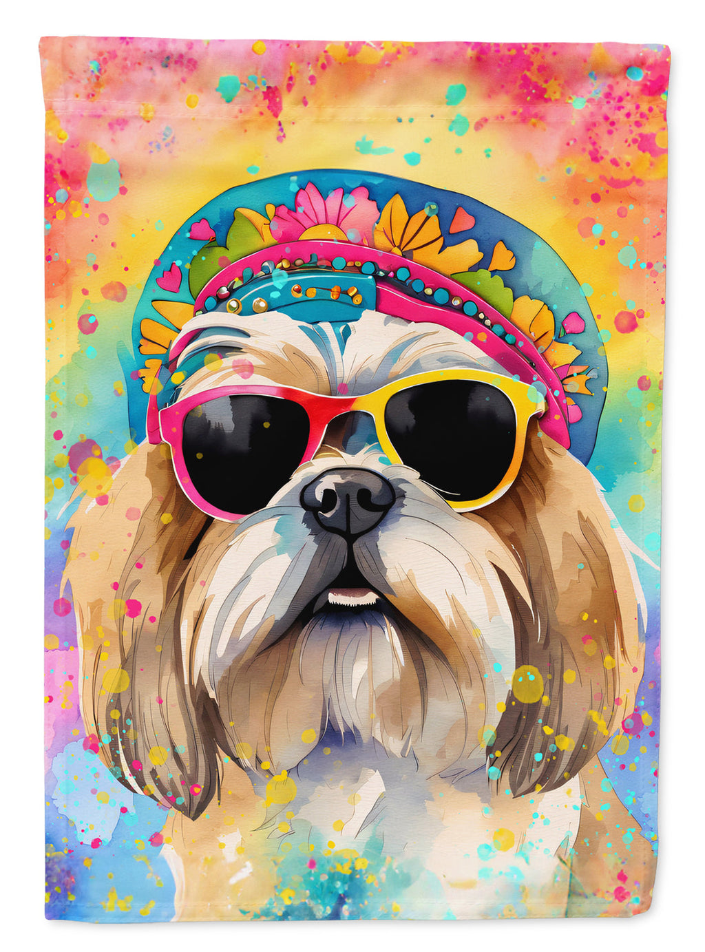 Shih Tzu Hippie Dawg House Flag 28x40 Porch Sleeve Pole Decorative Outside Yard Banner Artwork Wall Hanging, Polyester