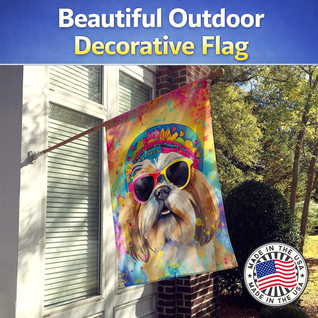 Shih Tzu Hippie Dawg House Flag 28x40 Porch Sleeve Pole Decorative Outside Yard Banner Artwork Wall Hanging, Polyester
