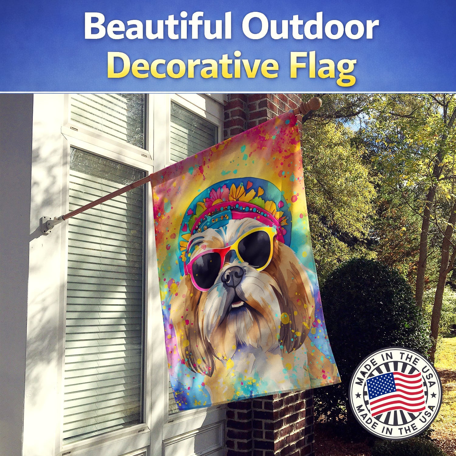 Shih Tzu Hippie Dawg House Flag 28x40 Porch Sleeve Pole Decorative Outside Yard Banner Artwork Wall Hanging, Polyester