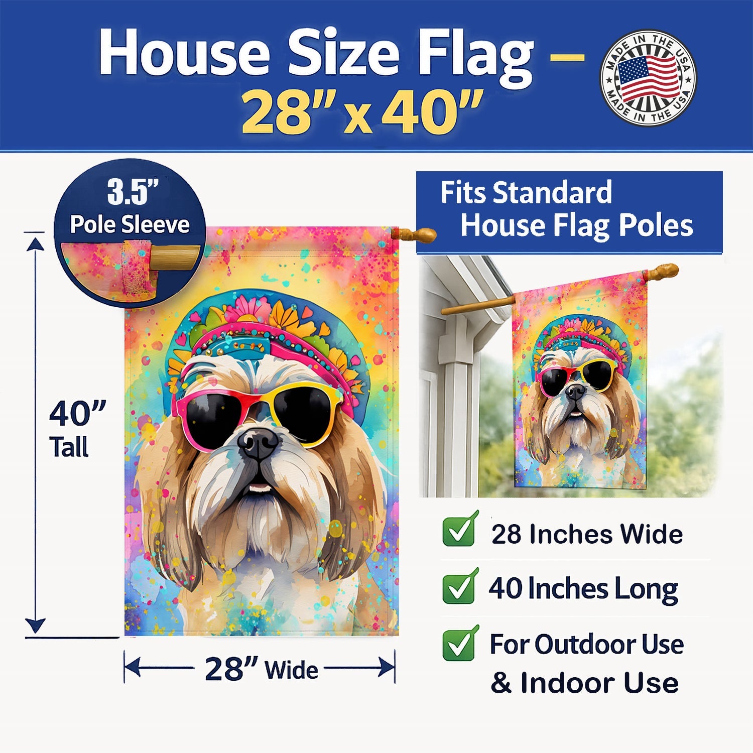 Shih Tzu Hippie Dawg House Flag 28x40 Porch Sleeve Pole Decorative Outside Yard Banner Artwork Wall Hanging, Polyester