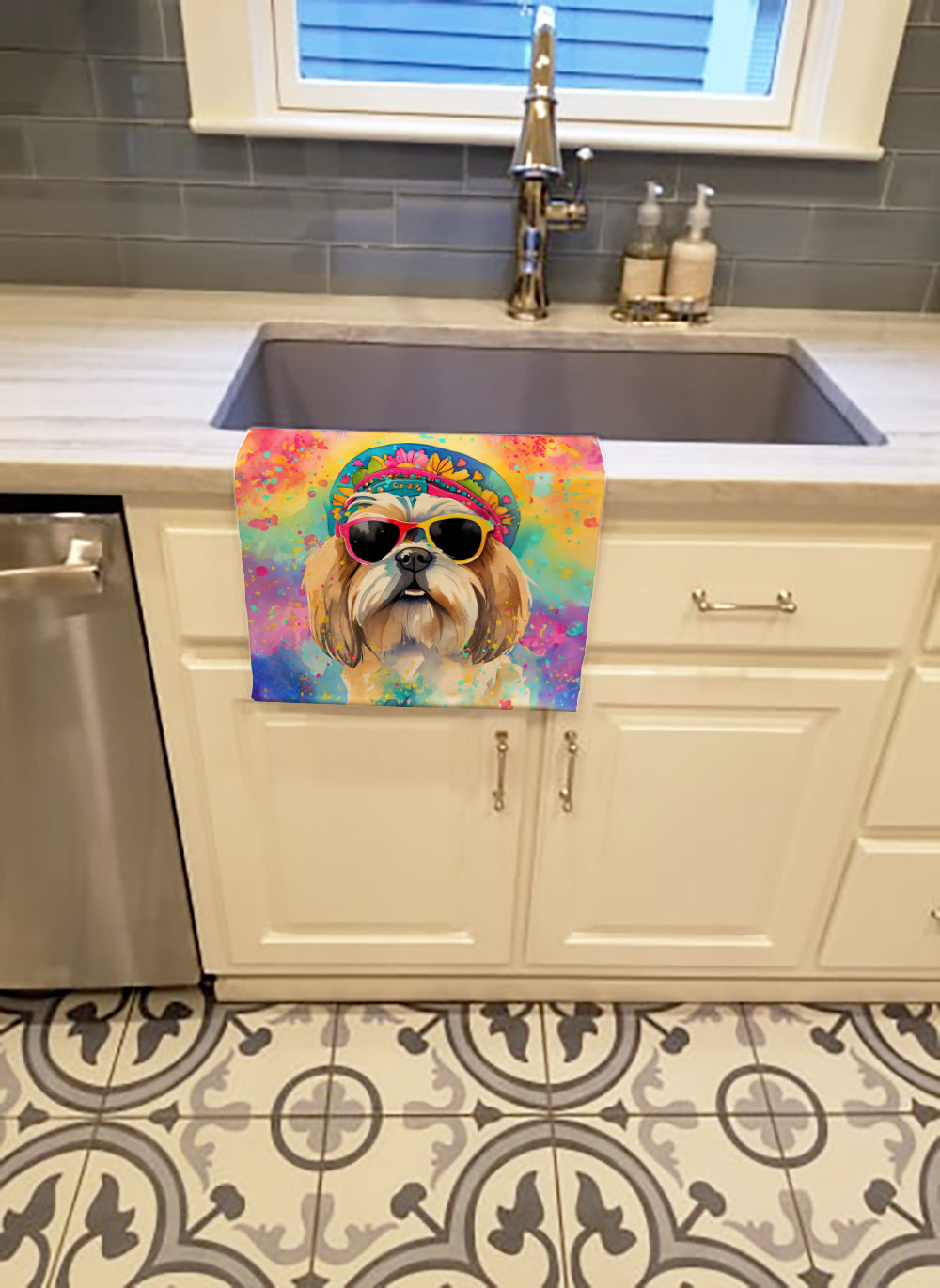 Shih Tzu Hippie Dawg Kitchen Towel Velour Plush Front and Cotton Loop Back Machine Washable