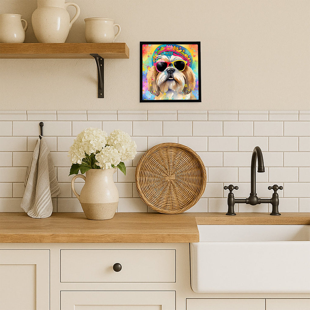 Shih Tzu Hippie Dawg Framed Metal Print Bathroom, Kitchen, Office, Home Decor Wall Art Ready to Hang, Square, 8X8