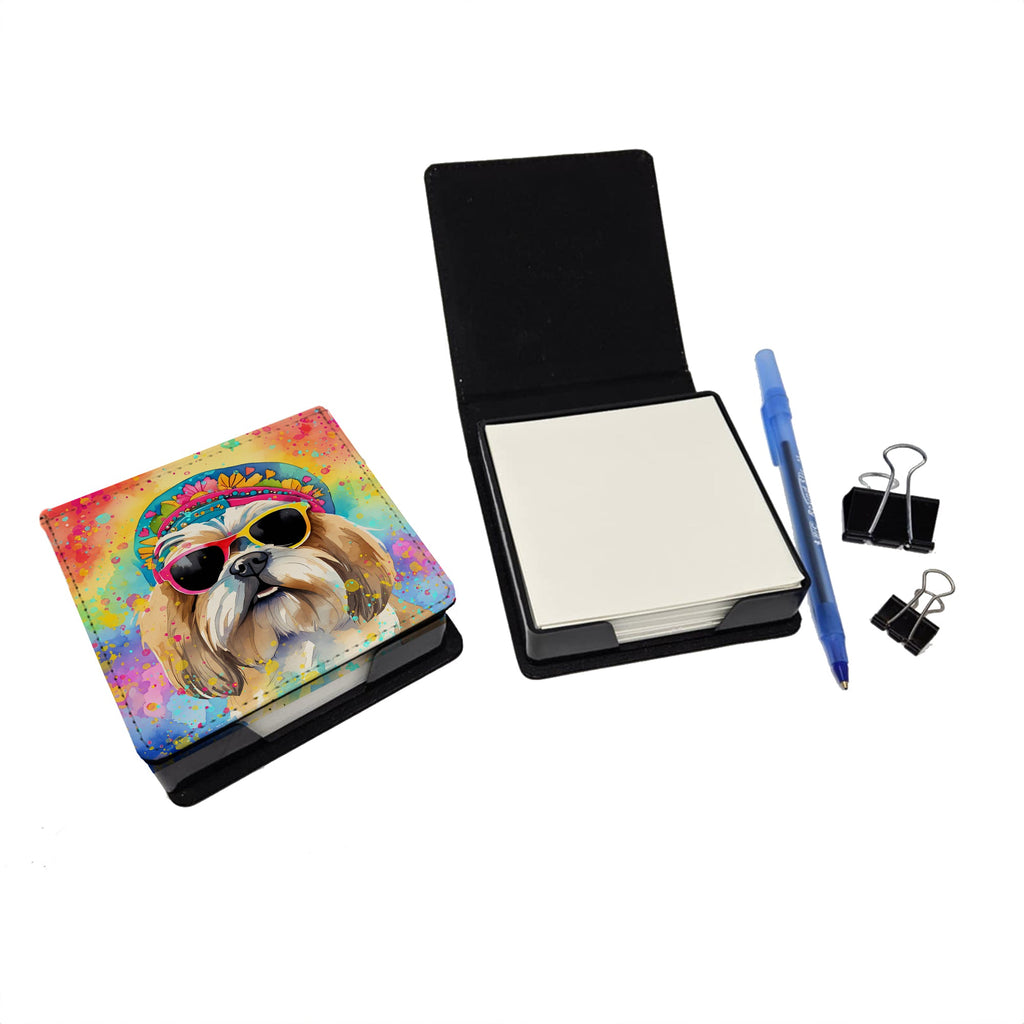 Shih Tzu Hippie Dawg PU Leather Note Paper Holder with Artist-Designed Cover, Desk Accessory, Office Gift