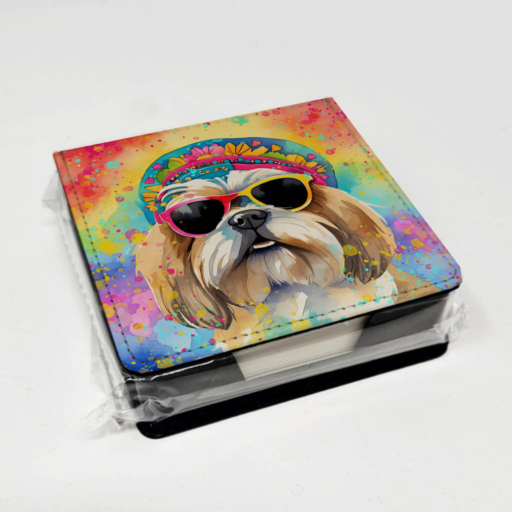 Shih Tzu Hippie Dawg PU Leather Note Paper Holder with Artist-Designed Cover, Desk Accessory, Office Gift