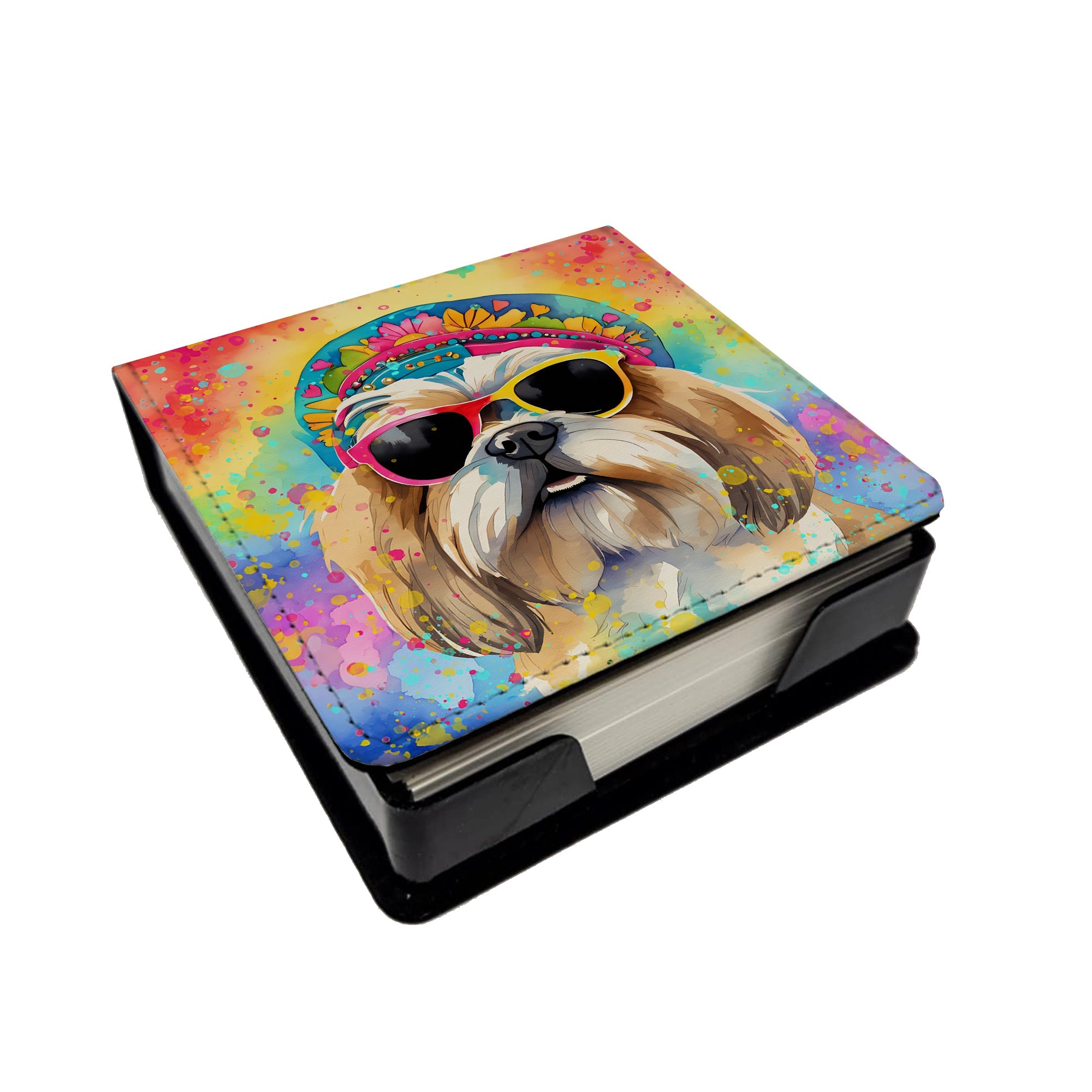 Shih Tzu Hippie Dawg PU Leather Note Paper Holder with Artist-Designed Cover, Desk Accessory, Office Gift