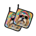Shih Tzu Hippie Dawg Pot Holder Set of 2 Heat Resistant Quilted Hot Pads 7.5 x 7.5 Inch, Insulated Kitchen Trivets for Cooking & Baking
