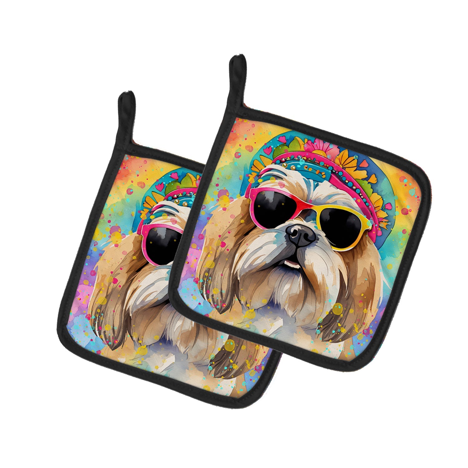 Shih Tzu Hippie Dawg Pot Holder Set of 2 Heat Resistant Quilted Hot Pads 7.5 x 7.5 Inch, Insulated Kitchen Trivets for Cooking & Baking
