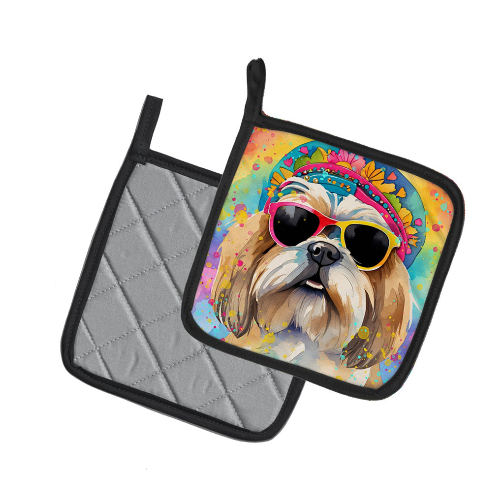 Shih Tzu Hippie Dawg Pot Holder Set of 2 Heat Resistant Quilted Hot Pads 7.5 x 7.5 Inch, Insulated Kitchen Trivets for Cooking & Baking