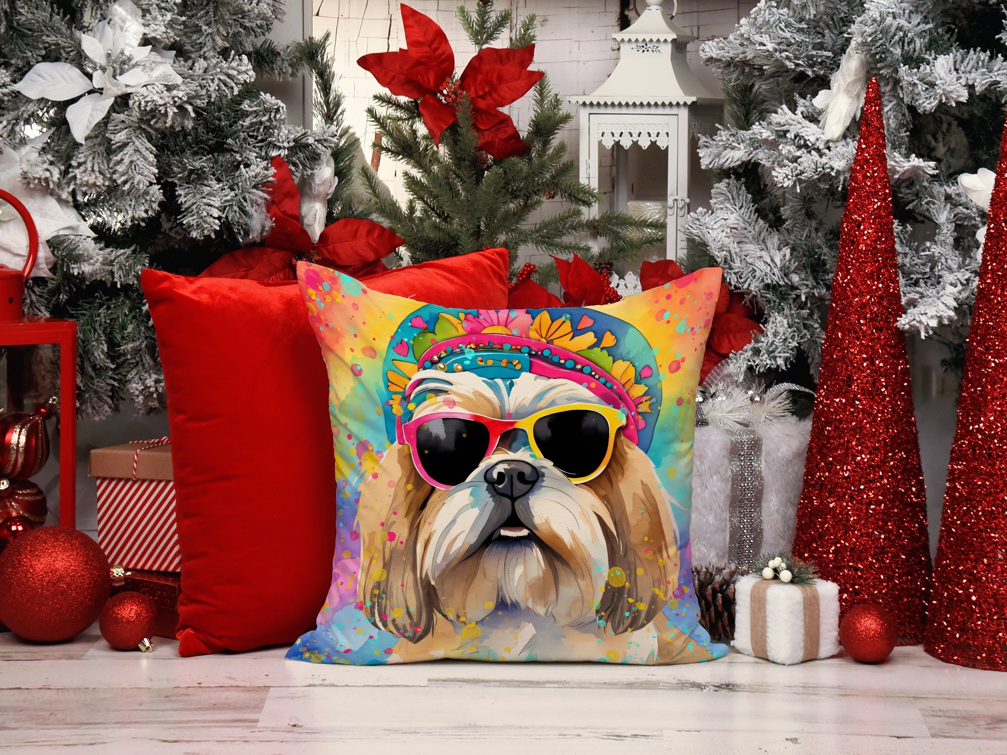 Shih Tzu Hippie Dawg Decorative Throw Pillow 14x14 Indoor Outdoor Accent Cushion, Fabric Cover with Insert for Sofa, Bed, Porch & Living Room