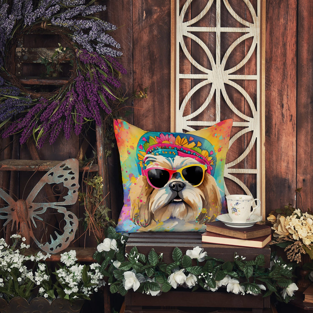 Shih Tzu Hippie Dawg Decorative Throw Pillow 14x14 Indoor Outdoor Accent Cushion, Fabric Cover with Insert for Sofa, Bed, Porch & Living Room