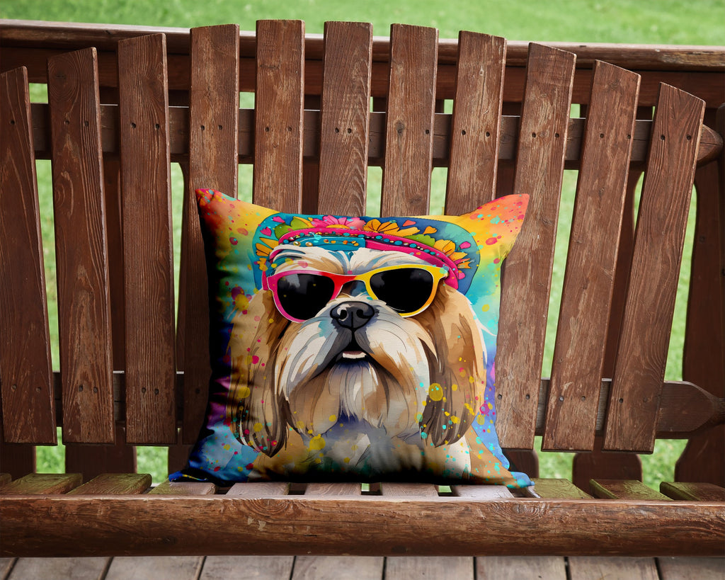 Shih Tzu Hippie Dawg Decorative Throw Pillow 14x14 Indoor Outdoor Accent Cushion, Fabric Cover with Insert for Sofa, Bed, Porch & Living Room