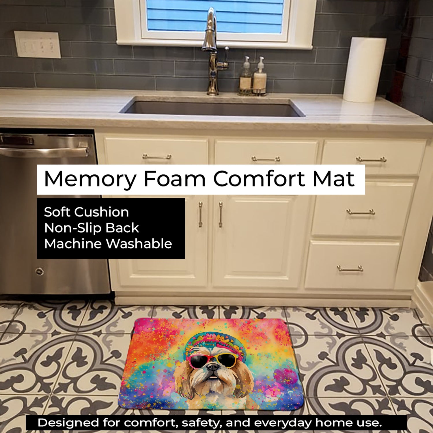Shih Tzu Hippie Dawg Memory Foam Kitchen Mat Machine Washable Anti-Fatigue Cushion Comfort Bath or Kitchen Rug