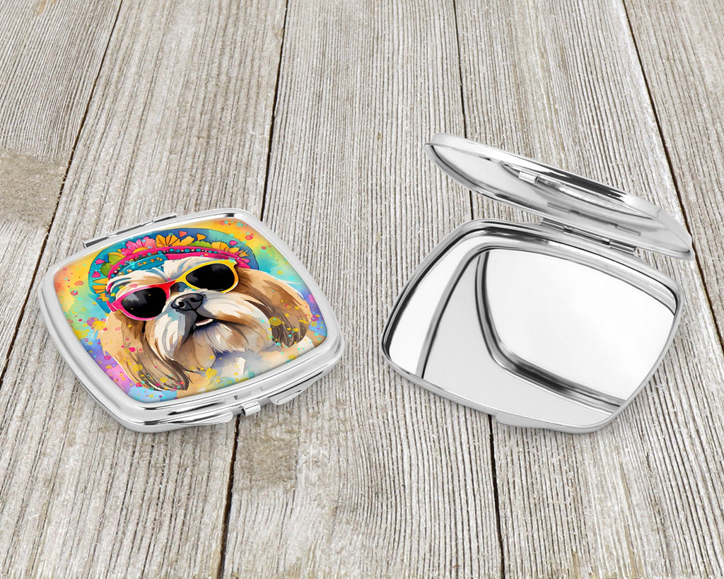 Shih Tzu Hippie Dawg Compact Mirror Decorative Travel Makeup Mirror for Women Girls Gifts Pocket Makeup Mirror Folding Handheld