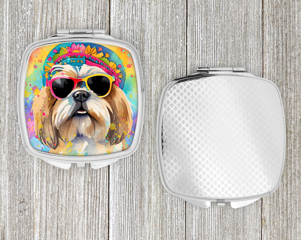 Shih Tzu Hippie Dawg Compact Mirror Decorative Travel Makeup Mirror for Women Girls Gifts Pocket Makeup Mirror Folding Handheld