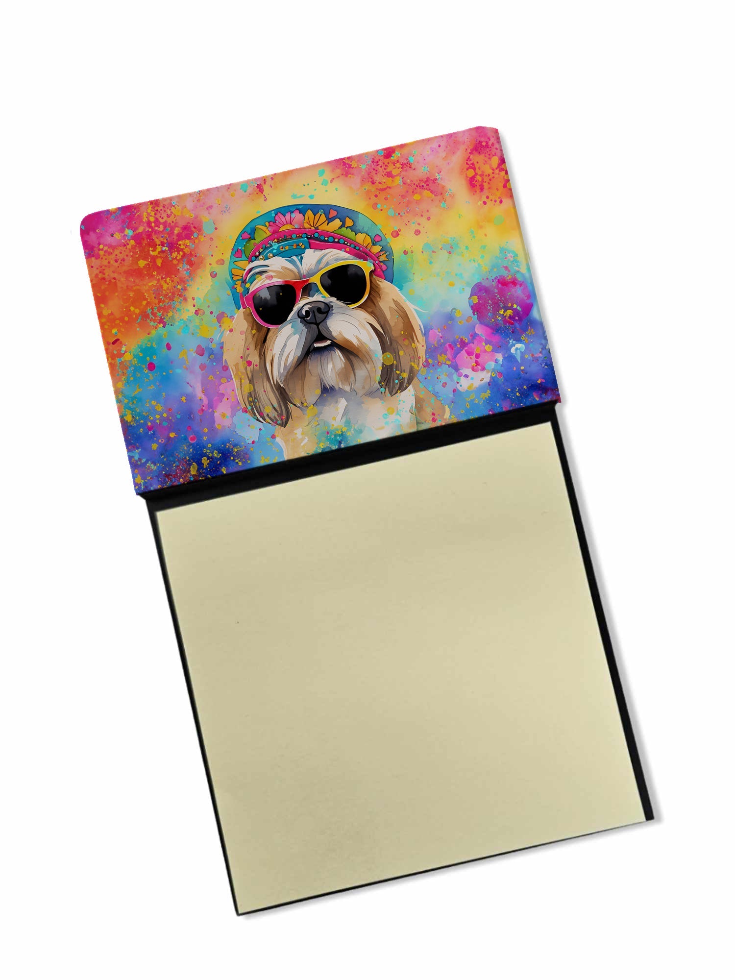 Shih Tzu Hippie Dawg Watercolor Sticky Note Holder Refillable Dispenser Desk Accessory 3x3 Pad Gift