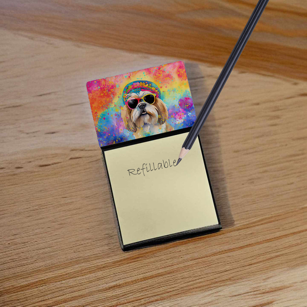 Shih Tzu Hippie Dawg Watercolor Sticky Note Holder Refillable Dispenser Desk Accessory 3x3 Pad Gift