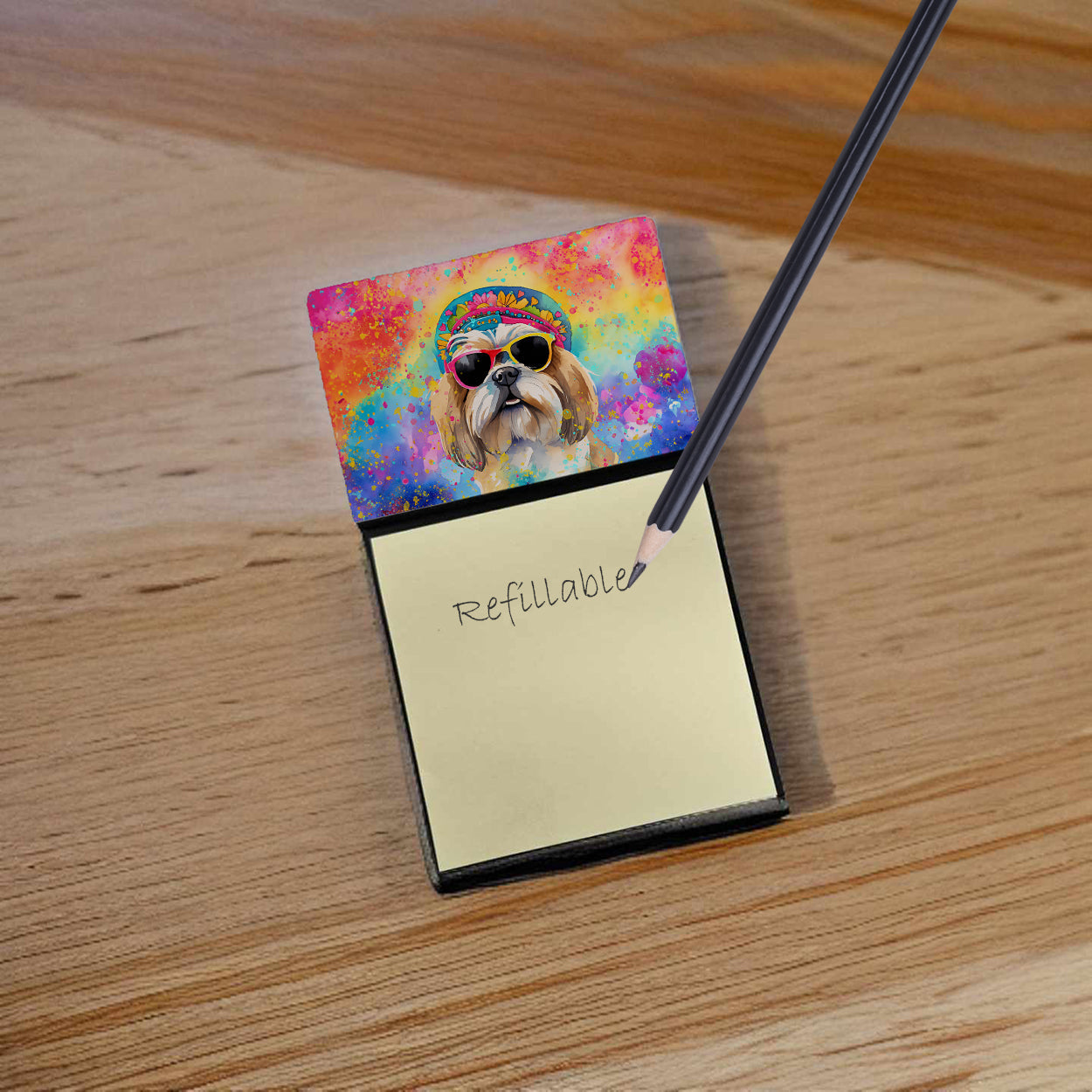 Shih Tzu Hippie Dawg Watercolor Sticky Note Holder Refillable Dispenser Desk Accessory 3x3 Pad Gift