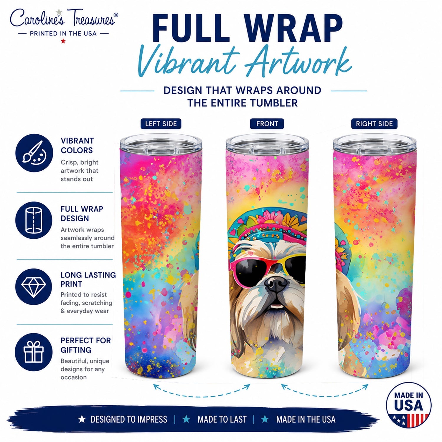 Shih Tzu Hippie Dawg Stainless Steel Skinny Tumbler 20 oz Vacuum Double Walled Reusable Insulated Travel Cup