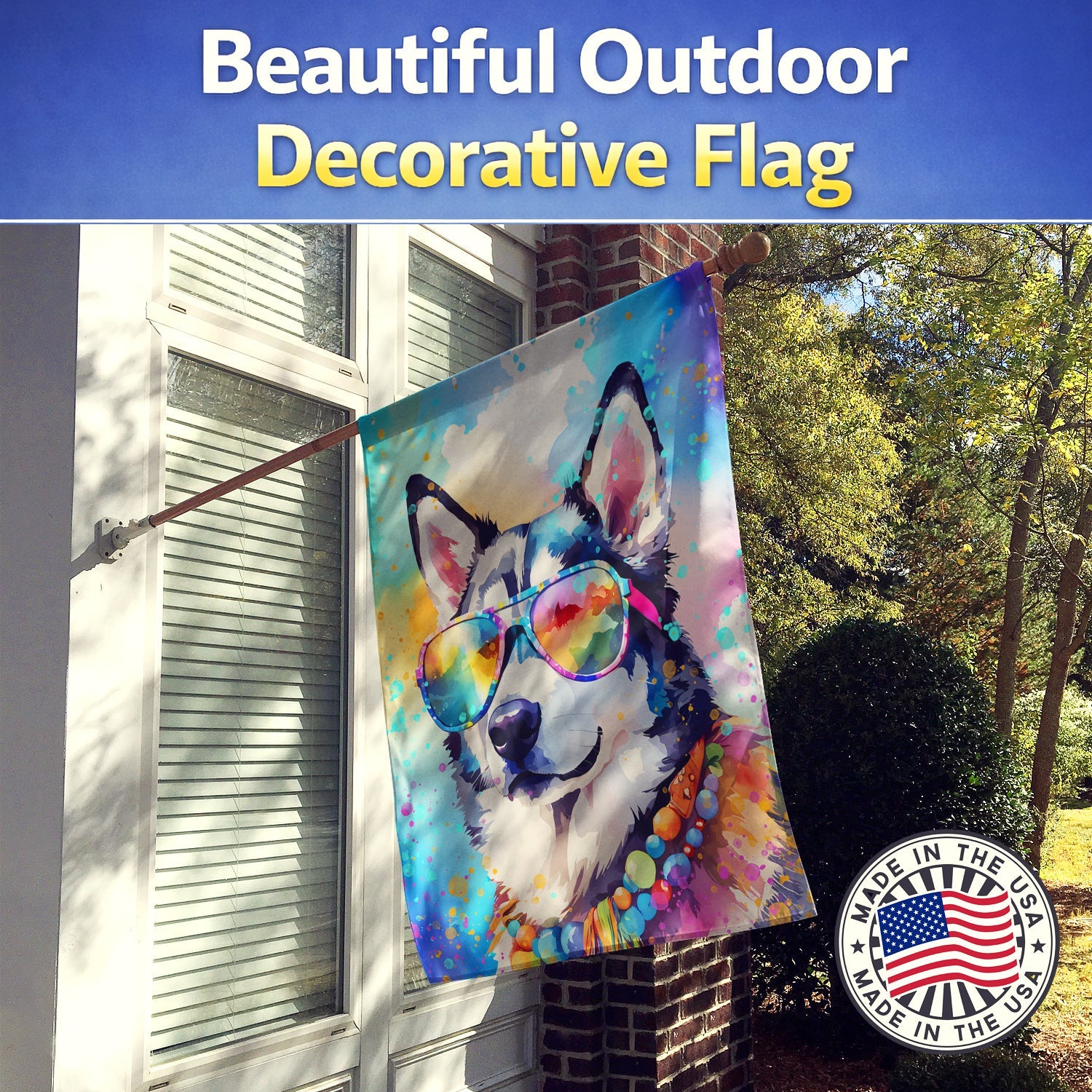 Siberian Husky Hippie Dawg House Flag 28x40 Porch Sleeve Pole Decorative Outside Yard Banner Artwork Wall Hanging, Polyester
