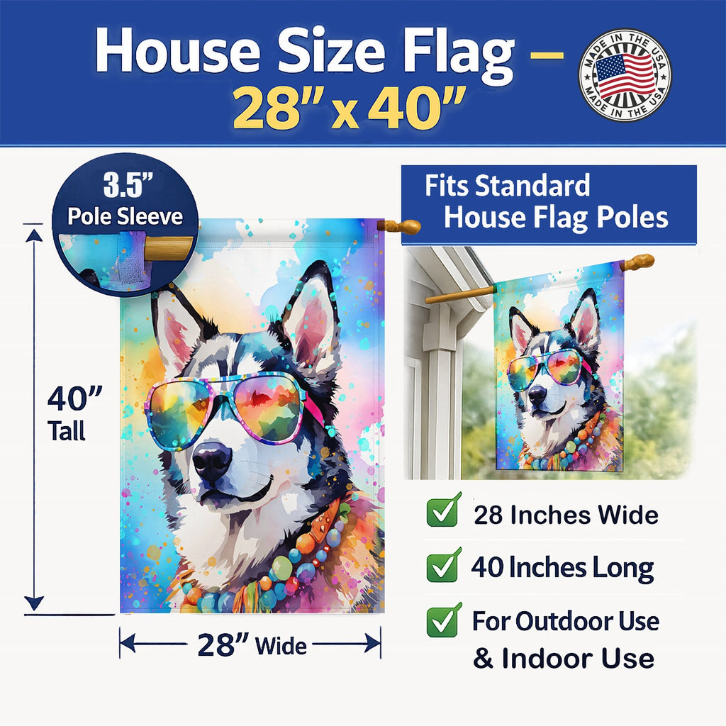 Siberian Husky Hippie Dawg House Flag 28x40 Porch Sleeve Pole Decorative Outside Yard Banner Artwork Wall Hanging, Polyester