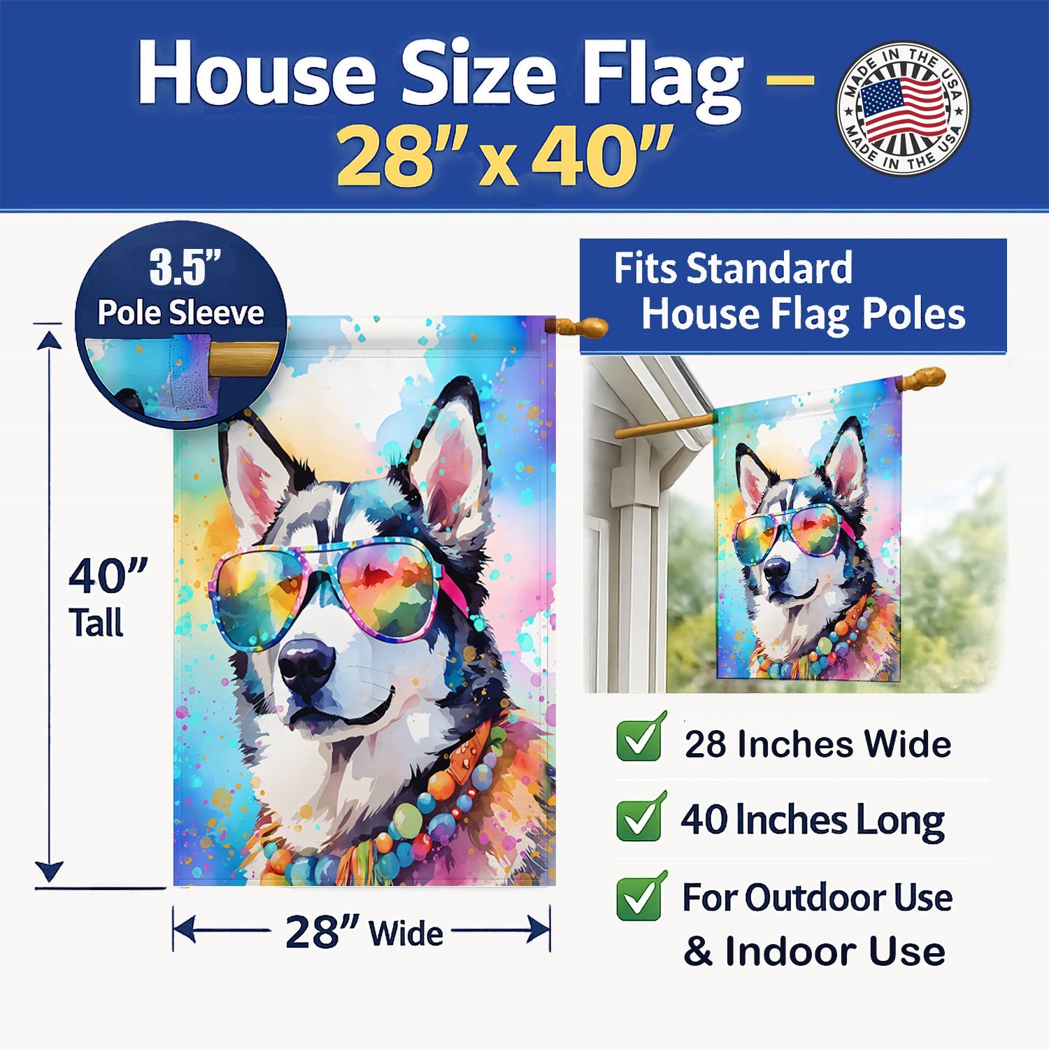 Siberian Husky Hippie Dawg House Flag 28x40 Porch Sleeve Pole Decorative Outside Yard Banner Artwork Wall Hanging, Polyester