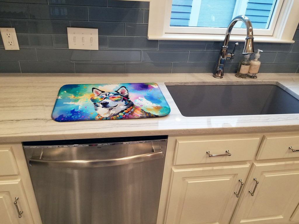 Siberian Husky Hippie Dawg Dish Drying Mat Absorbent Dish Drying Mat Pad for Kitchen Counter Dish Drainer Mat for Countertop, 14 x 21", Multicolor