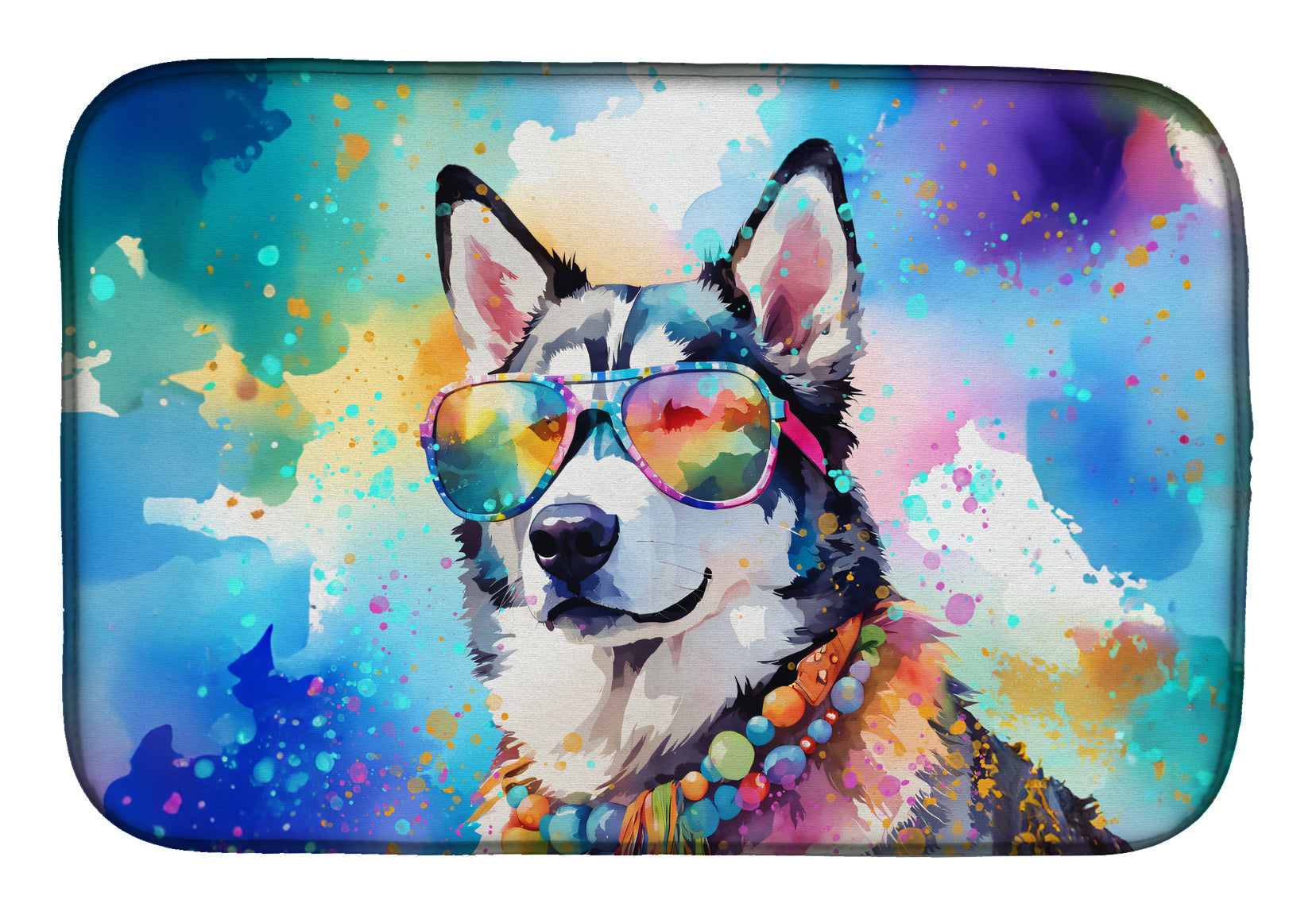 Siberian Husky Hippie Dawg Dish Drying Mat Absorbent Dish Drying Mat Pad for Kitchen Counter Dish Drainer Mat for Countertop, 14 x 21", Multicolor