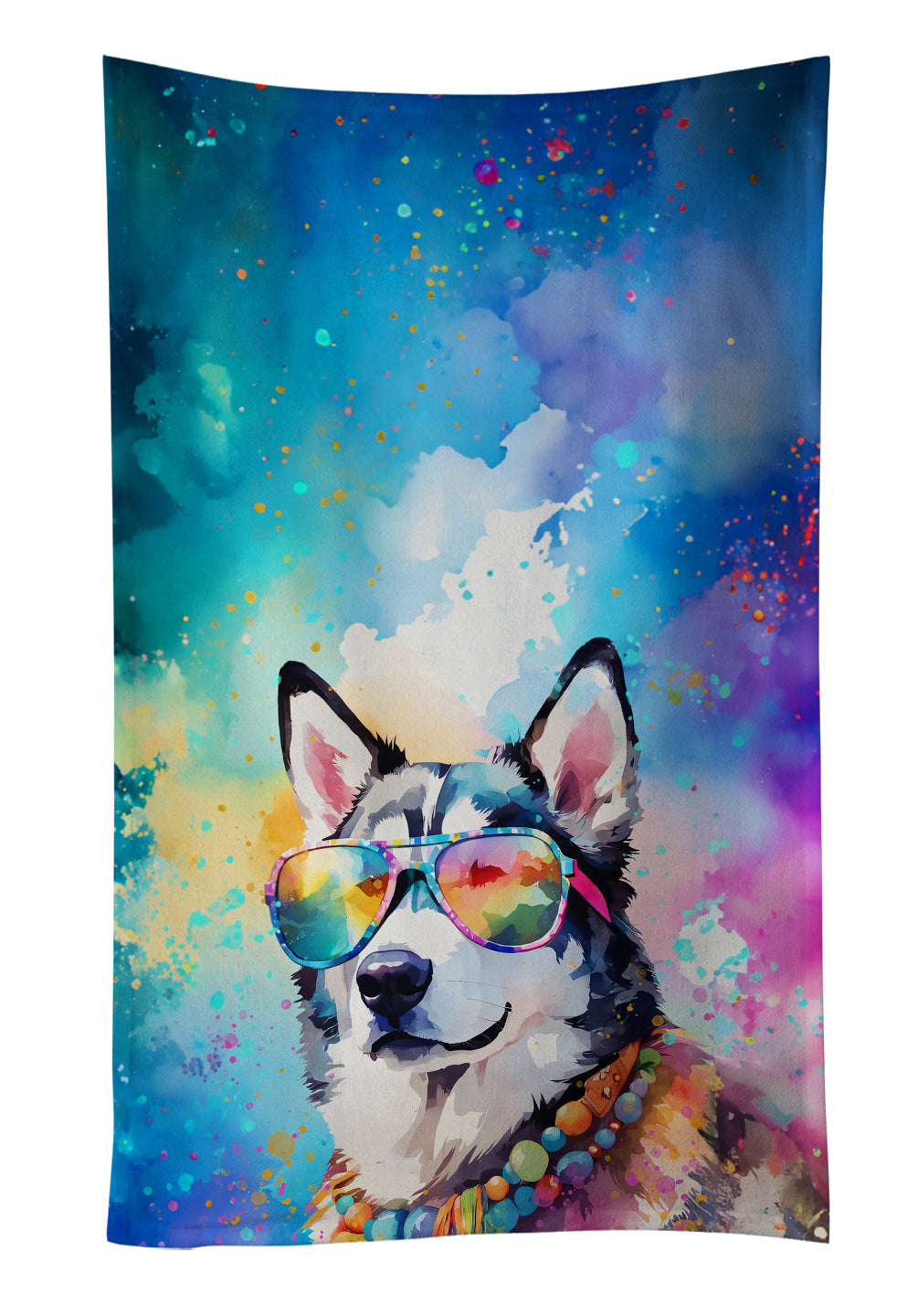 Siberian Husky Hippie Dawg Kitchen Towel Velour Plush Front and Cotton Loop Back Machine Washable