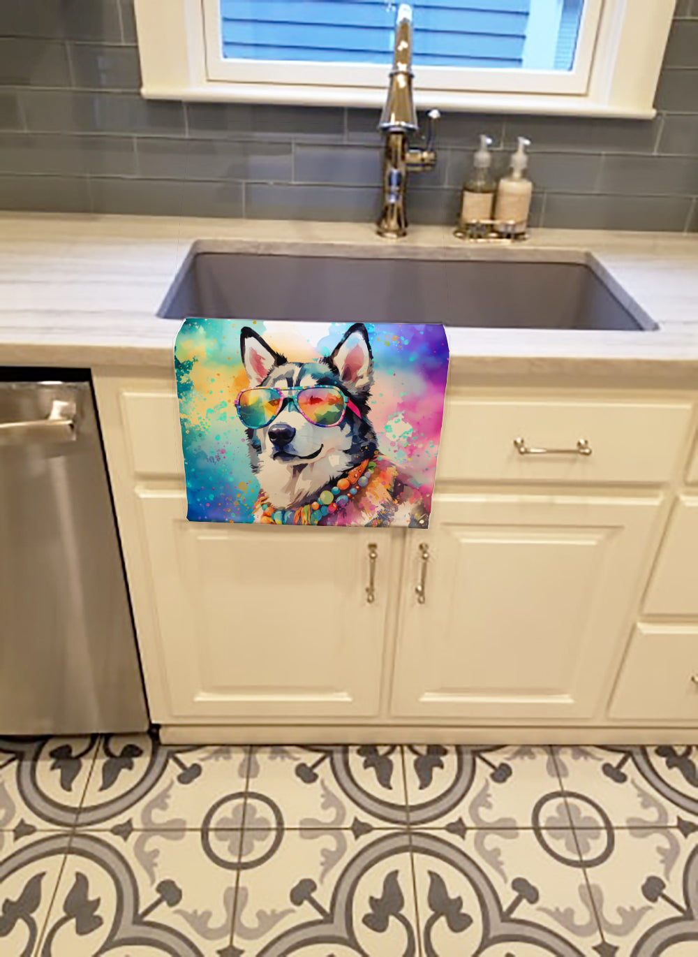 Siberian Husky Hippie Dawg Kitchen Towel Velour Plush Front and Cotton Loop Back Machine Washable
