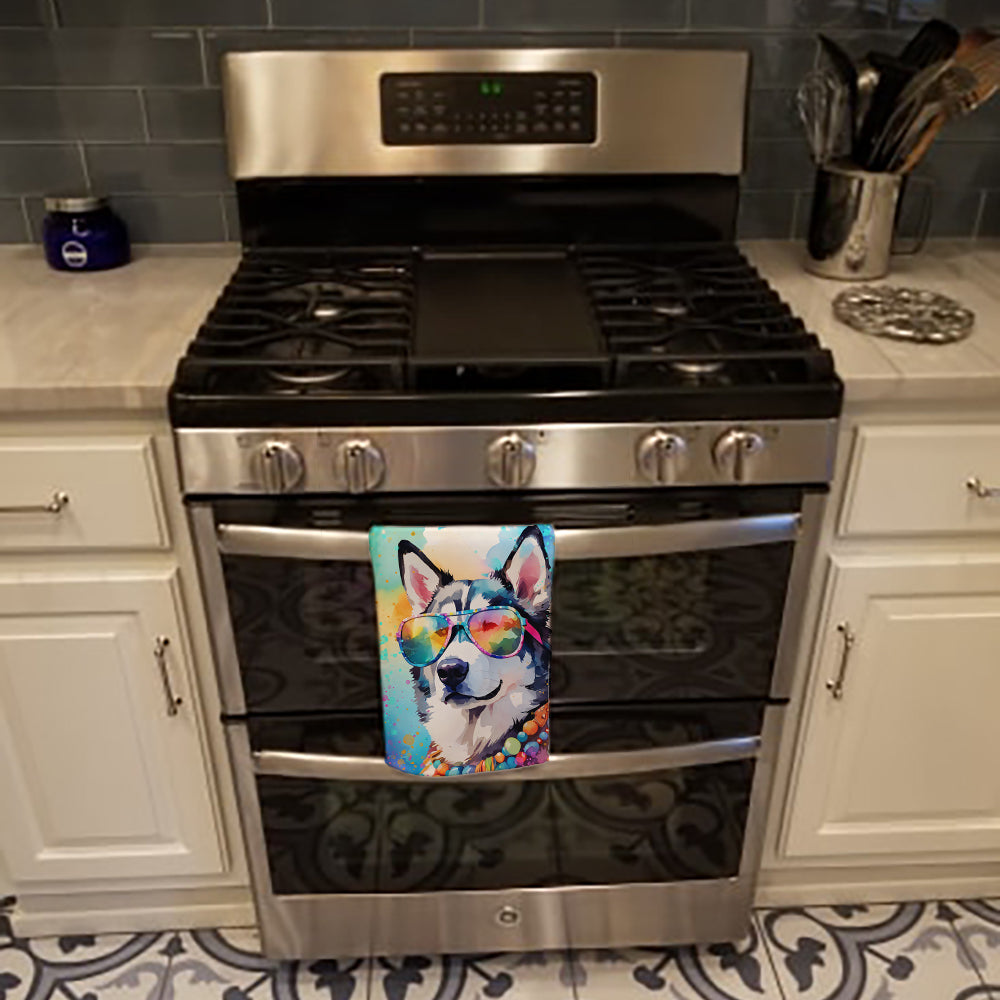 Siberian Husky Hippie Dawg Kitchen Towel Velour Plush Front and Cotton Loop Back Machine Washable