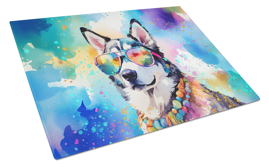 Siberian Husky Hippie Dawg Cutting Board Tempered Glass Kitchen Cutting Surface, Heat Resistant Chopping, Non-Slip Feet, Food Prep & Serving