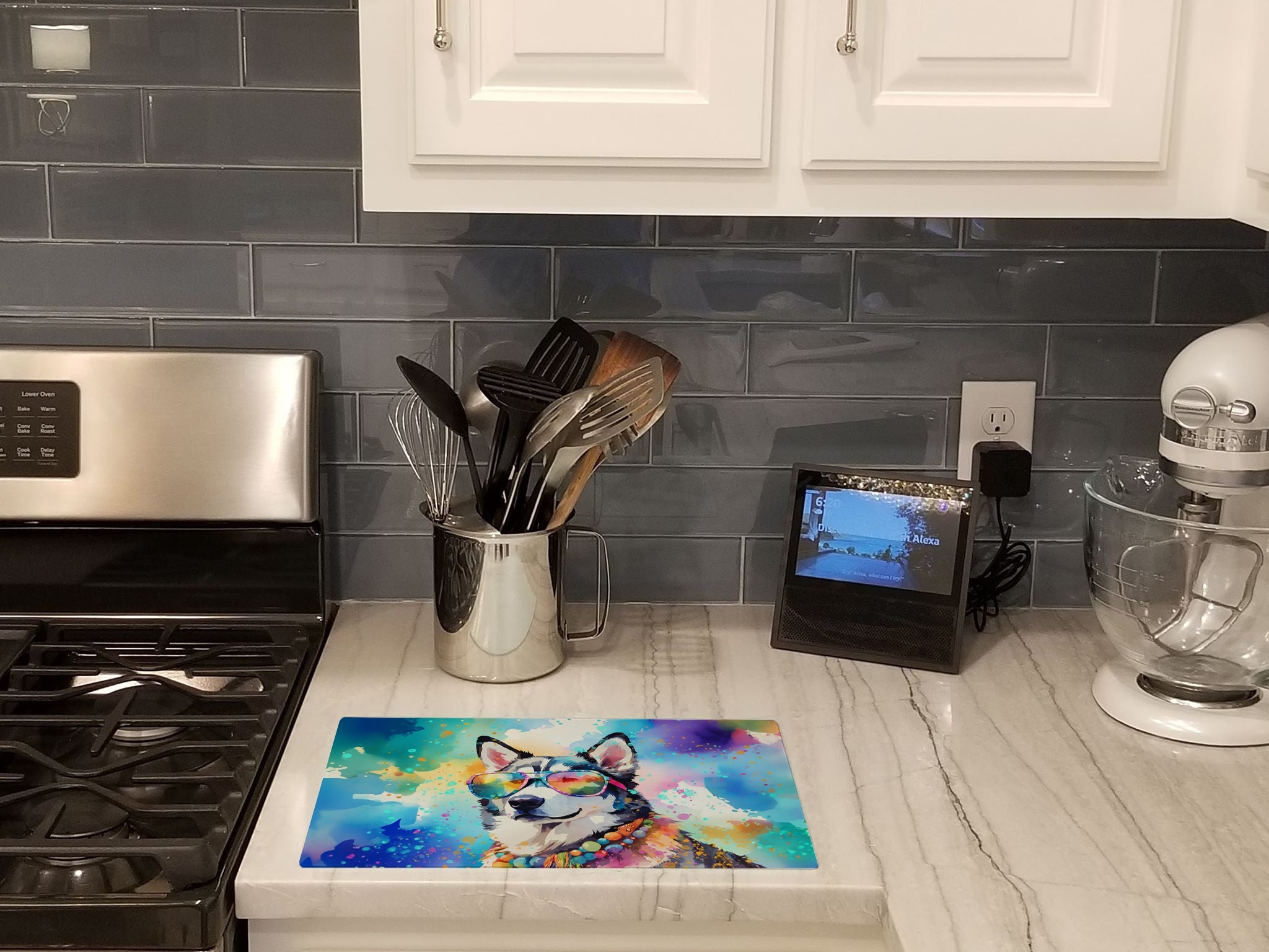 Siberian Husky Hippie Dawg Cutting Board Tempered Glass Kitchen Cutting Surface, Heat Resistant Chopping, Non-Slip Feet, Food Prep & Serving