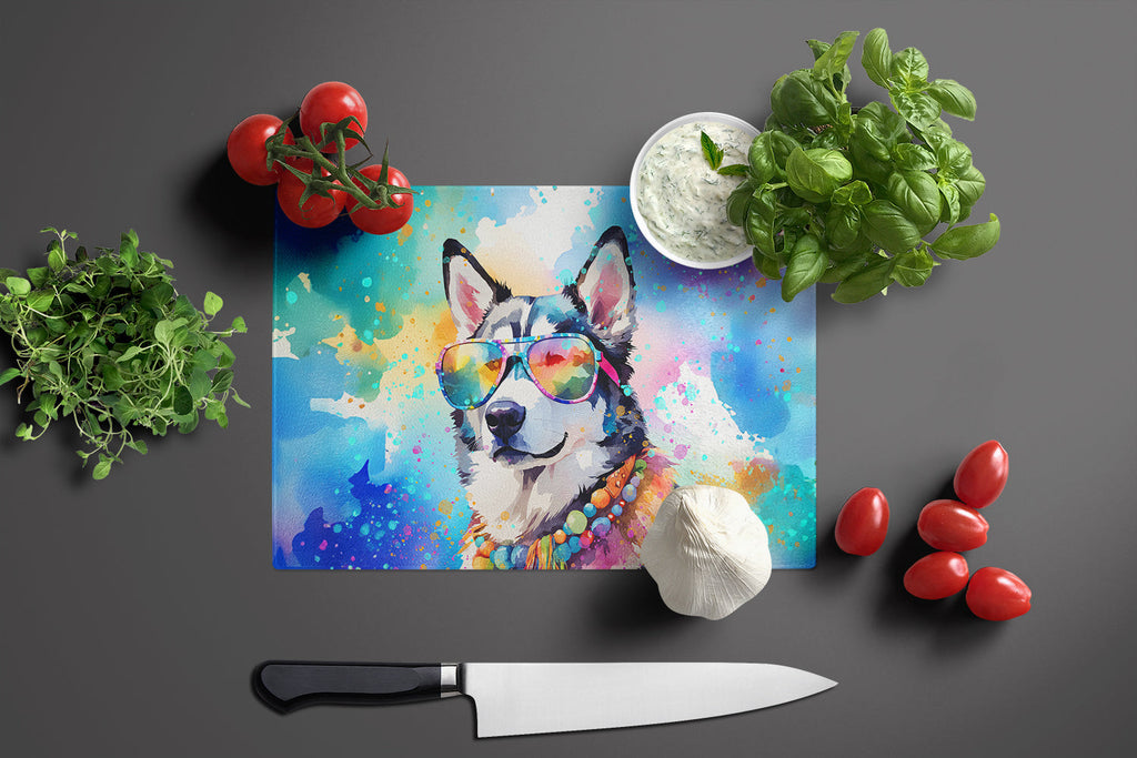 Siberian Husky Hippie Dawg Cutting Board Tempered Glass Kitchen Cutting Surface, Heat Resistant Chopping, Non-Slip Feet, Food Prep & Serving