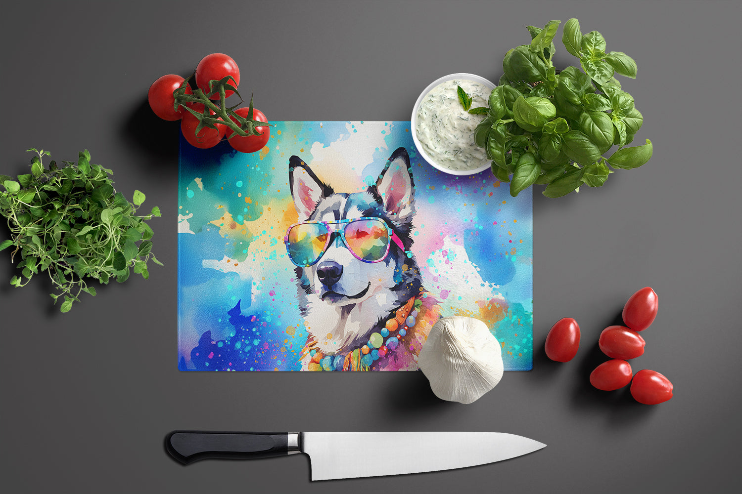 Siberian Husky Hippie Dawg Cutting Board Tempered Glass Kitchen Cutting Surface, Heat Resistant Chopping, Non-Slip Feet, Food Prep & Serving