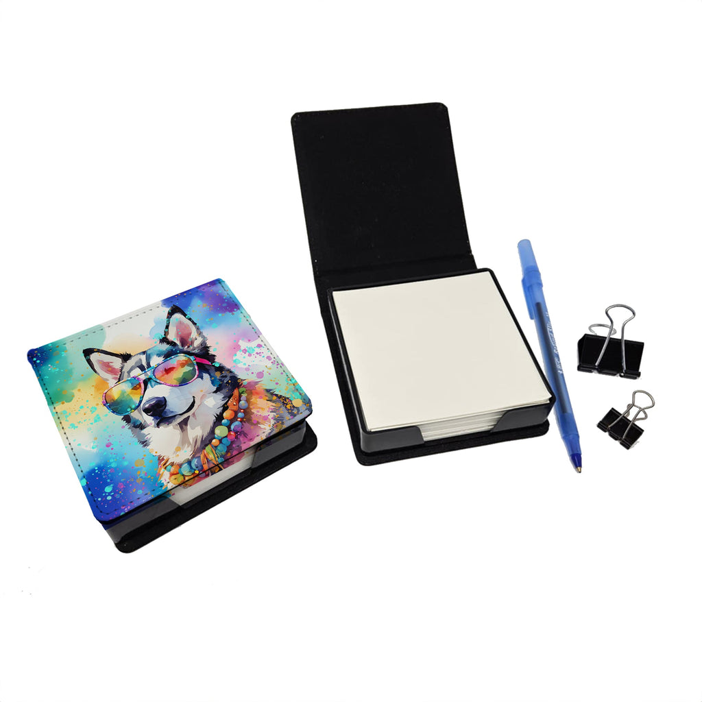 Siberian Husky Hippie Dawg PU Leather Note Paper Holder with Artist-Designed Cover, Desk Accessory, Office Gift