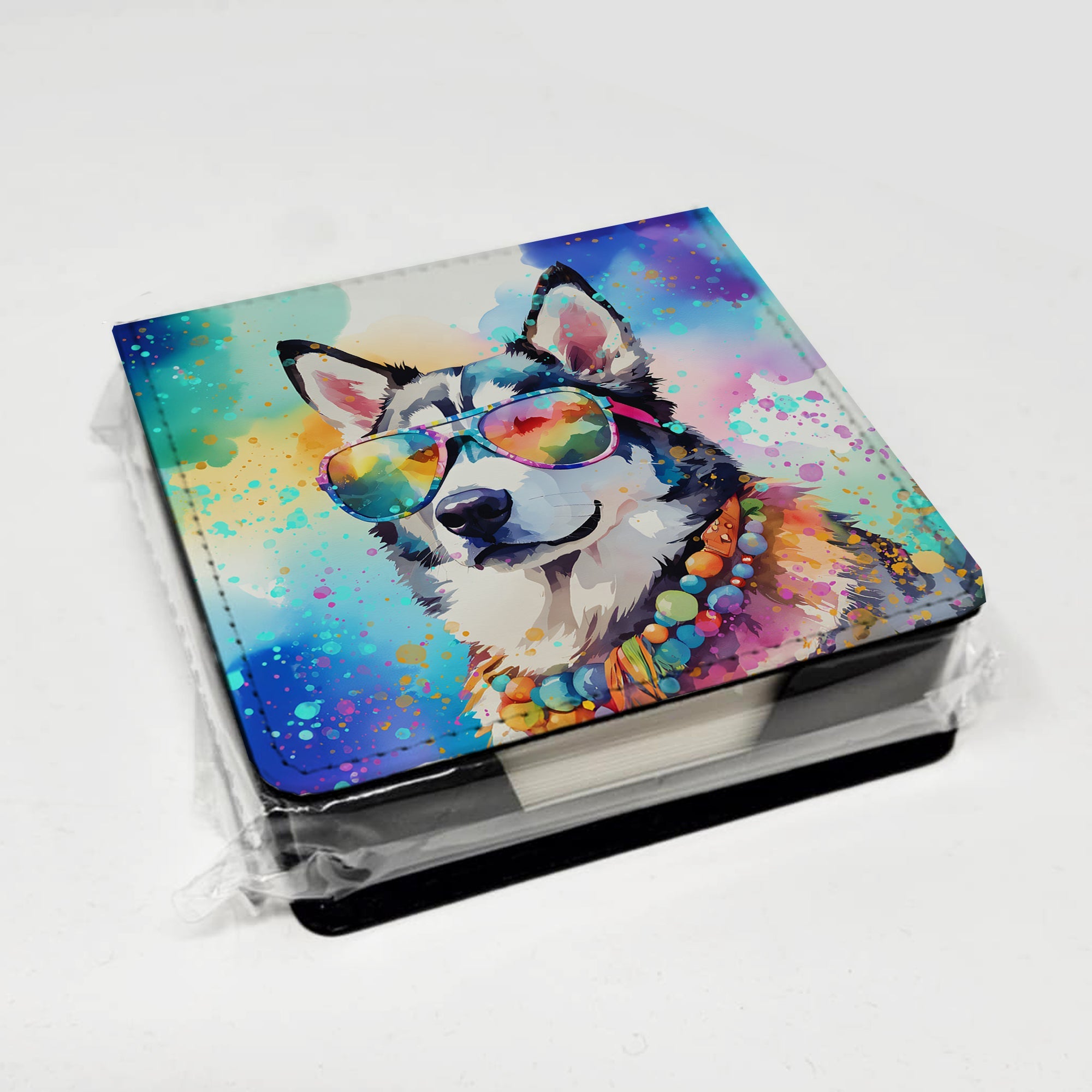 Siberian Husky Hippie Dawg PU Leather Note Paper Holder with Artist-Designed Cover, Desk Accessory, Office Gift