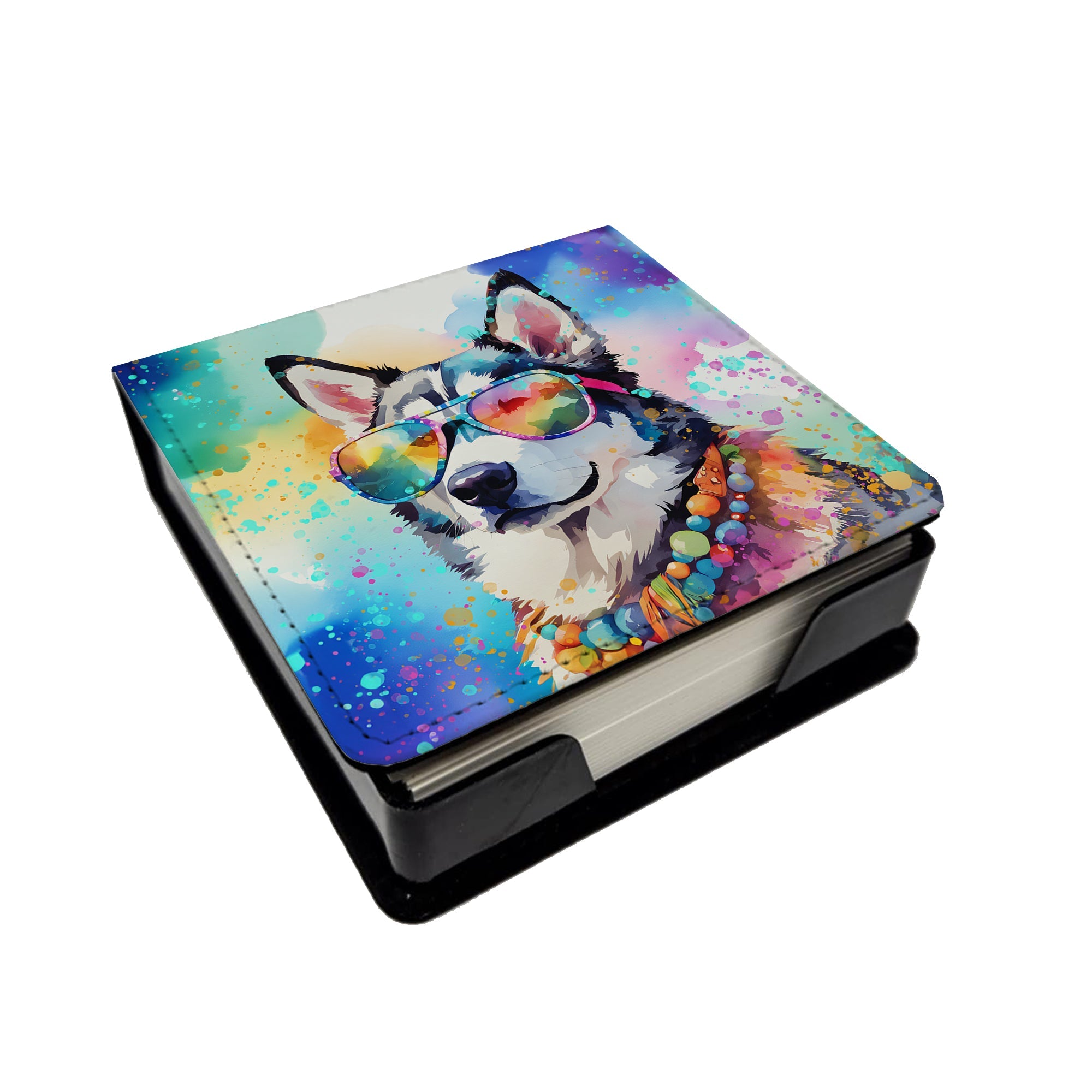 Siberian Husky Hippie Dawg PU Leather Note Paper Holder with Artist-Designed Cover, Desk Accessory, Office Gift