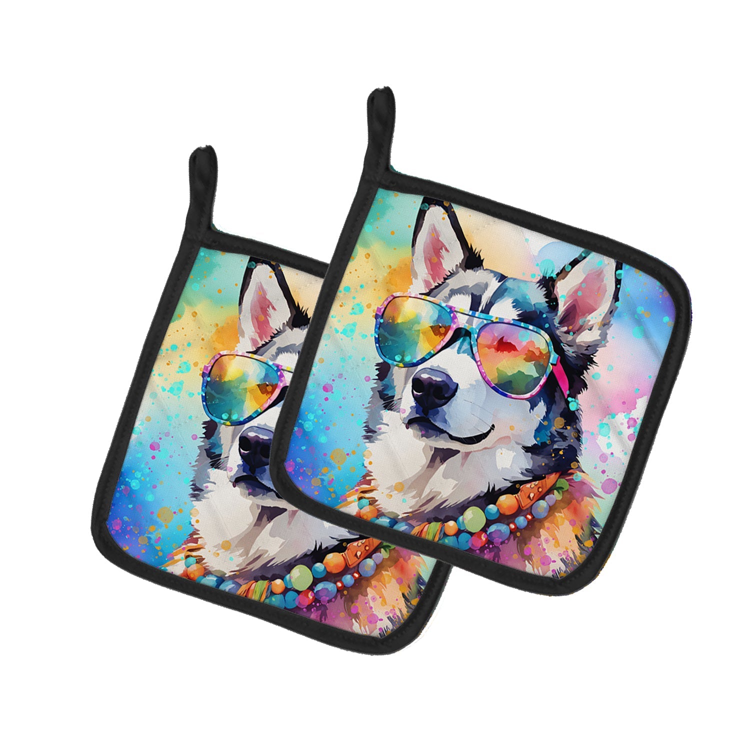 Siberian Husky Hippie Dawg Pot Holder Set of 2 Heat Resistant Quilted Hot Pads 7.5 x 7.5 Inch, Insulated Kitchen Trivets for Cooking & Baking