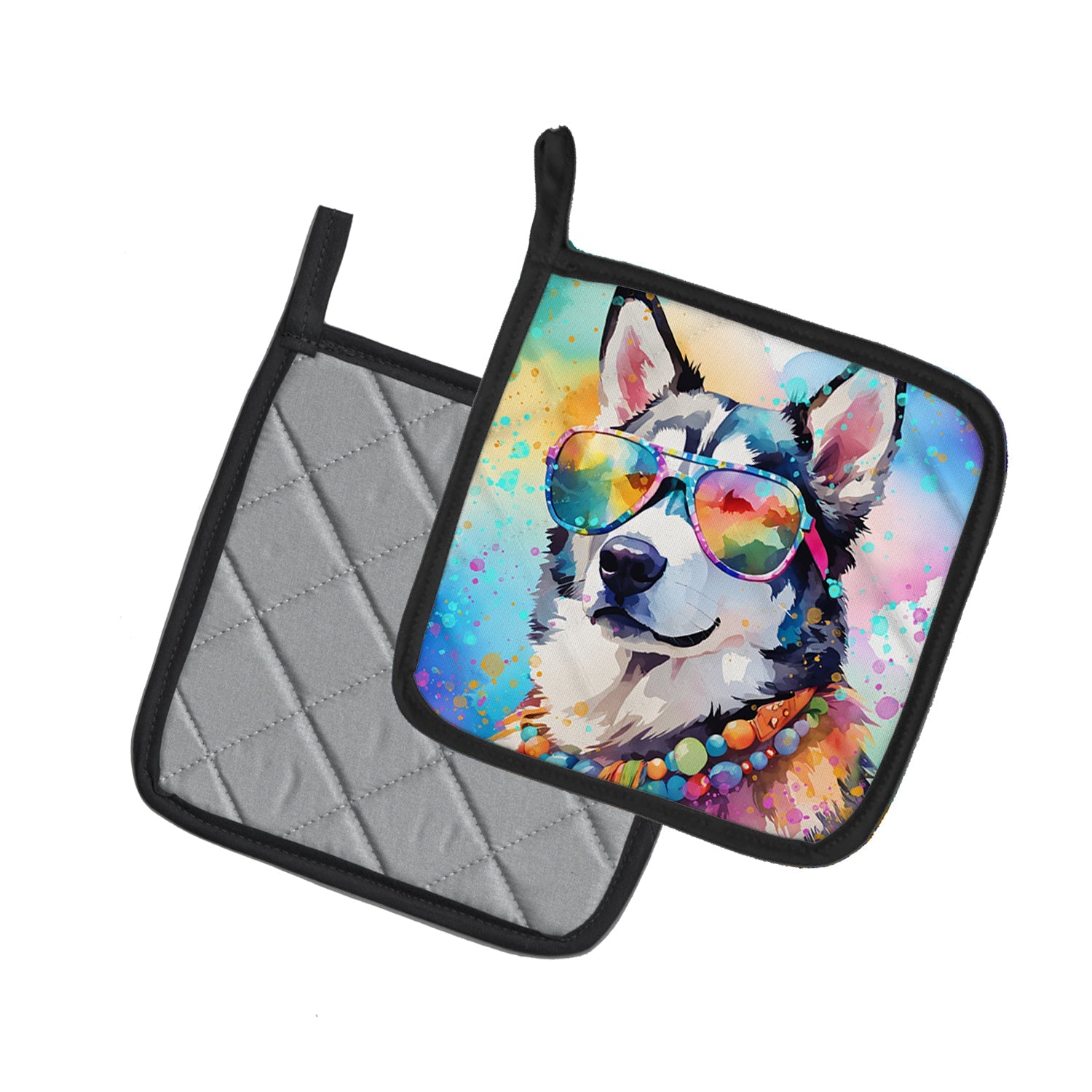Siberian Husky Hippie Dawg Pot Holder Set of 2 Heat Resistant Quilted Hot Pads 7.5 x 7.5 Inch, Insulated Kitchen Trivets for Cooking & Baking