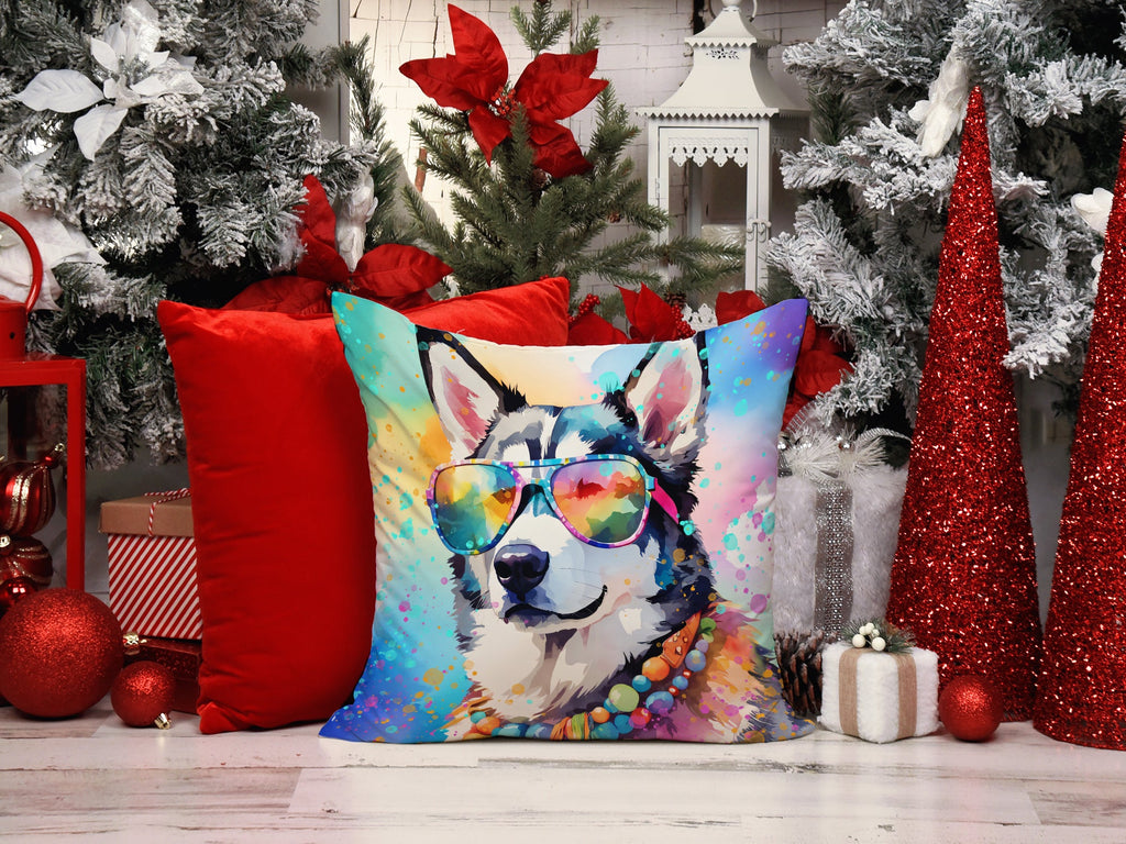 Siberian Husky Hippie Dawg Decorative Throw Pillow 14x14 Indoor Outdoor Accent Cushion, Fabric Cover with Insert for Sofa, Bed, Porch & Living Room