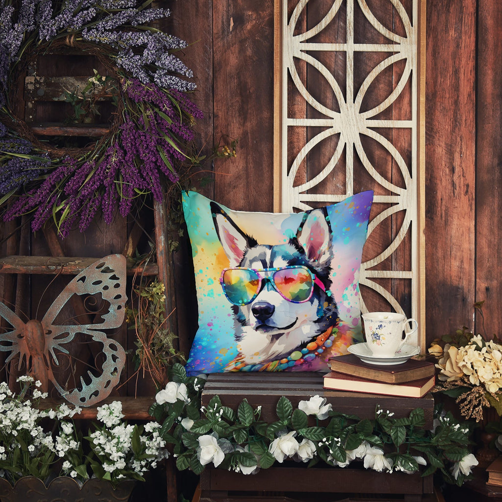 Siberian Husky Hippie Dawg Decorative Throw Pillow 14x14 Indoor Outdoor Accent Cushion, Fabric Cover with Insert for Sofa, Bed, Porch & Living Room