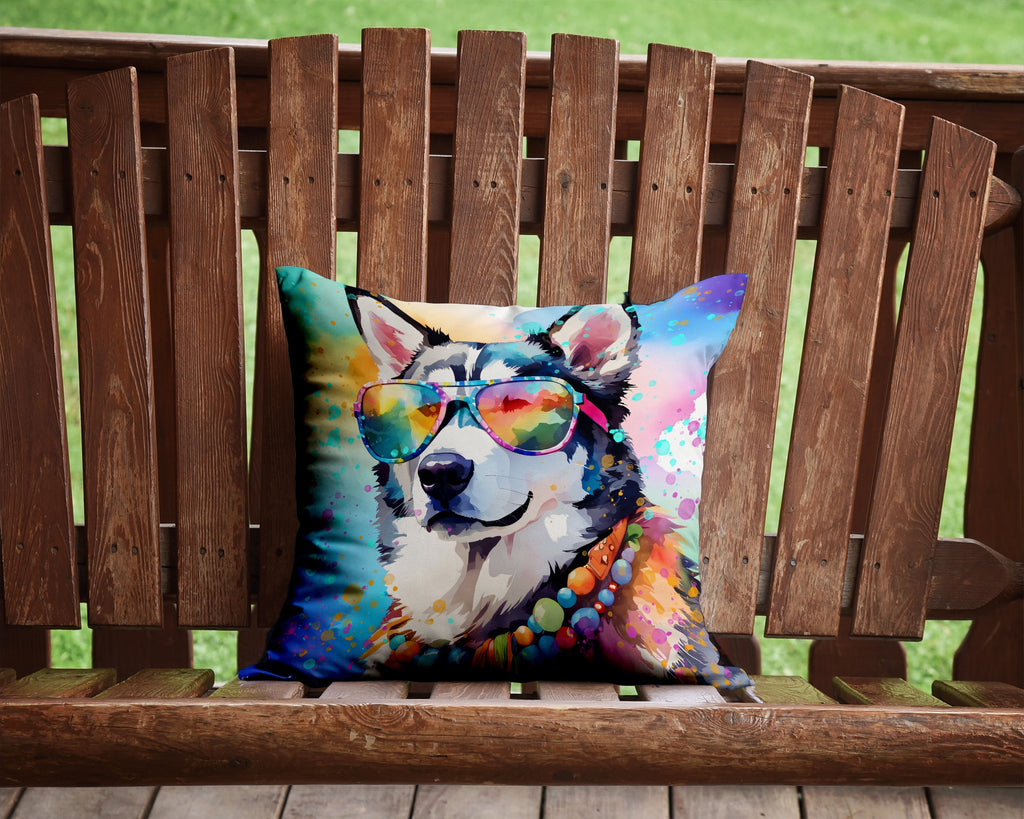 Siberian Husky Hippie Dawg Decorative Throw Pillow 14x14 Indoor Outdoor Accent Cushion, Fabric Cover with Insert for Sofa, Bed, Porch & Living Room