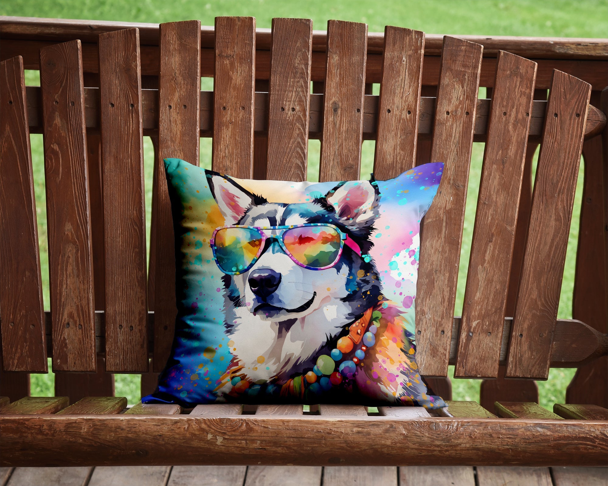 Siberian Husky Hippie Dawg Decorative Throw Pillow 14x14 Indoor Outdoor Accent Cushion, Fabric Cover with Insert for Sofa, Bed, Porch & Living Room