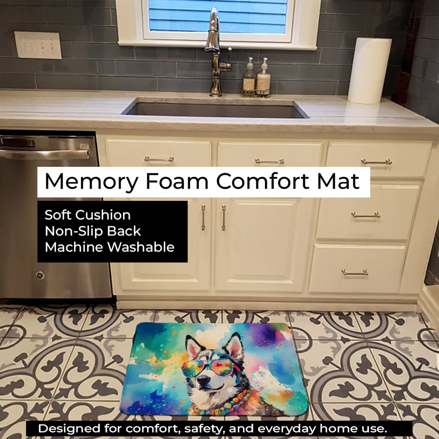 Siberian Husky Hippie Dawg Memory Foam Kitchen Mat Machine Washable Anti-Fatigue Cushion Comfort Bath or Kitchen Rug