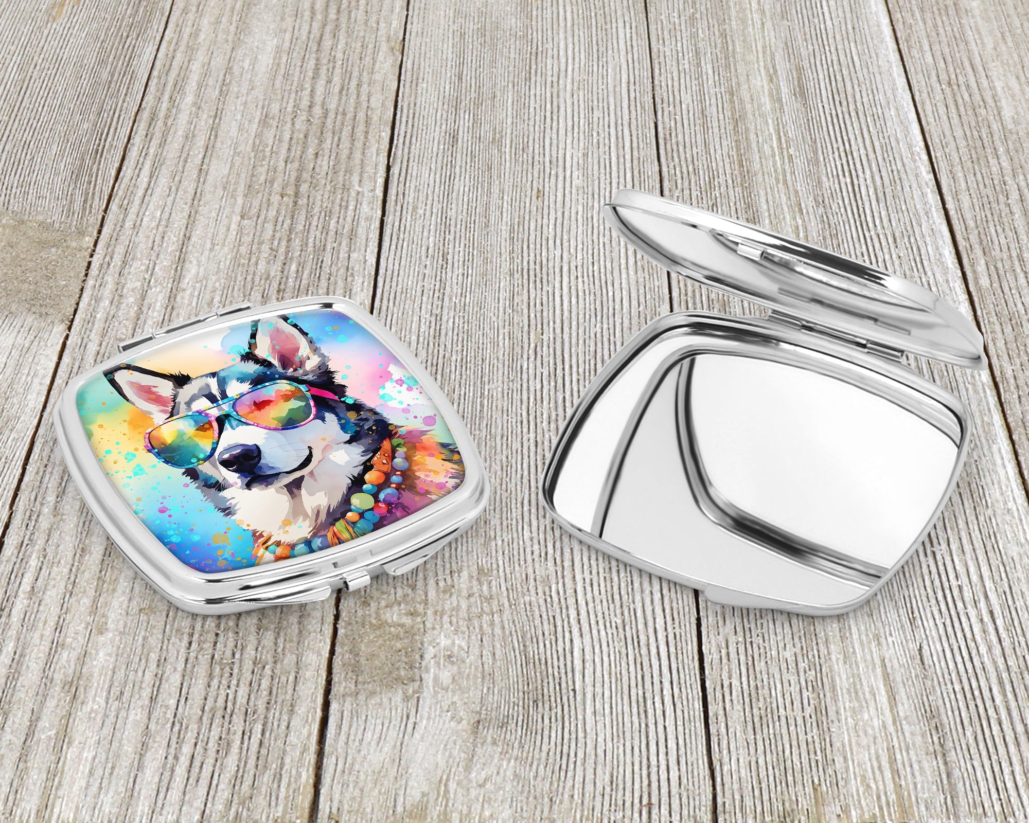 Siberian Husky Hippie Dawg Compact Mirror Decorative Travel Makeup Mirror for Women Girls Gifts Pocket Makeup Mirror Folding Handheld